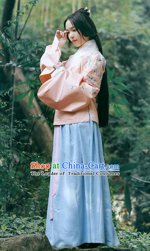 Traditional Chinese Ancient Young Lady Hanfu Costume, Asian China Ming Dynasty Princess Embroidered Pink Blouse and Skirts for Women