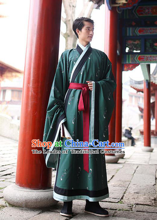 Traditional Chinese Ancient Hanfu Swordsman Costume, Asian China Han Dynasty Imperial Bodyguard Embroidered Green Long Robe for Men