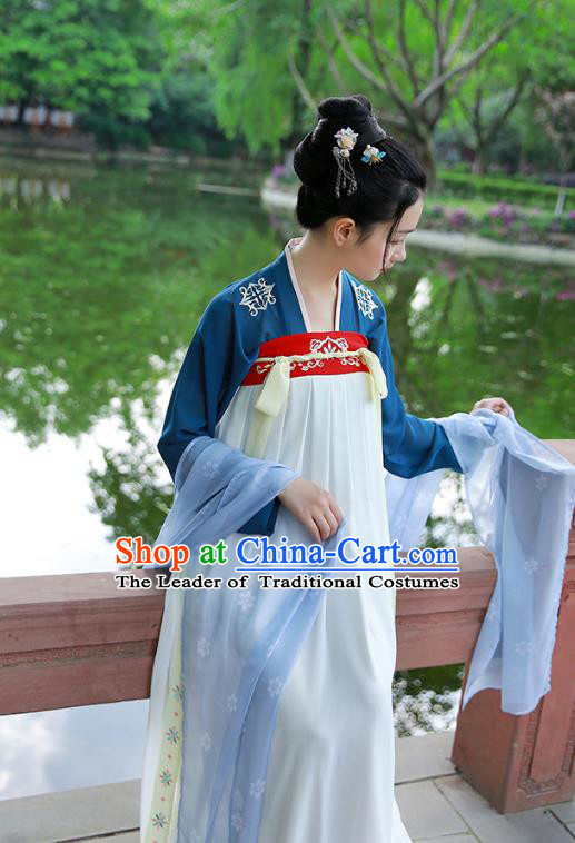 Traditional Chinese Ancient Hanfu Princess Costume, Asian China Tang Dynasty Palace Lady Embroidered Blouse and White Slip Skirts for Women