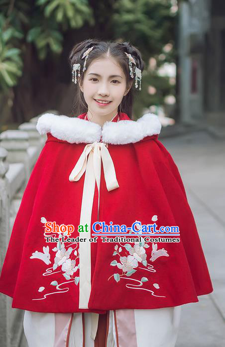 Traditional Chinese Ancient Hanfu Princess Costume Red Cloak, Asian China Han Dynasty Palace Lady Embroidered Mantle for Women