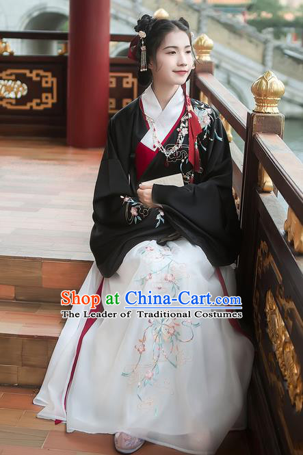 Traditional Chinese Ancient Hanfu Costume Palace Lady Clothing, Asian China Ming Dynasty Embroidered Black Blouse and Skirts for Women