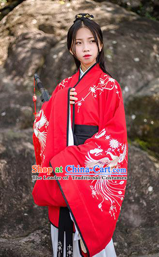 Traditional Chinese Ancient Hanfu Costume Palace Lady Clothing, Asian China Han Dynasty Embroidered Red Curve Bottom for Women