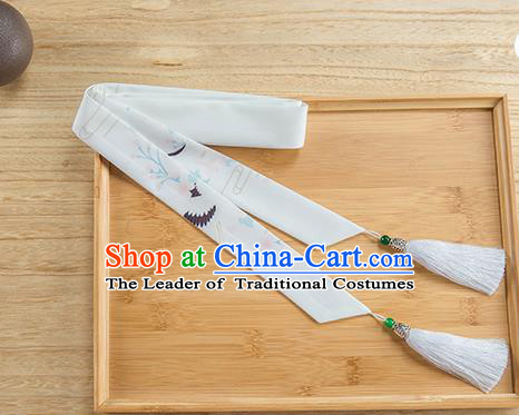 Traditional Chinese Ancient Hanfu Hair Accessories, Asian China Han Dynasty Princess Hair Clasp Printing Crane Silk Tassel Headband