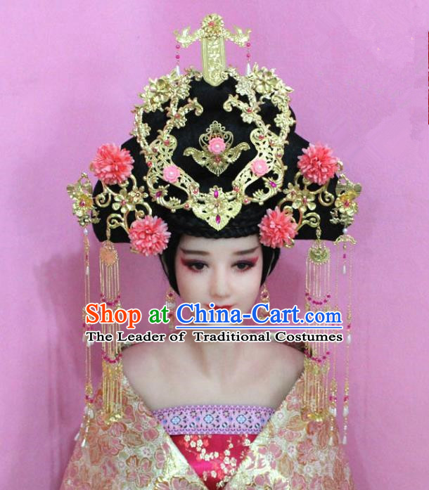 Traditional Handmade Chinese Hair Accessories Palace Lady Empress Phoenix Coronet Complete Set, Xiuhe Suit Tassel Step Shake Hairpins for Women