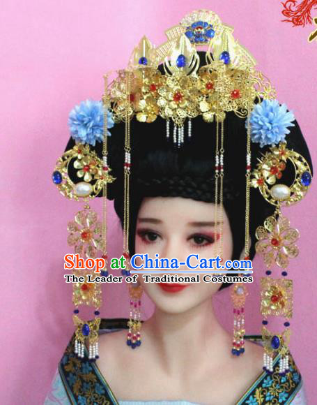 Traditional Handmade Chinese Hair Accessories Palace Lady Empress Phoenix Coronet, Xiuhe Suit Tassel Step Shake Flowers Hairpins for Women