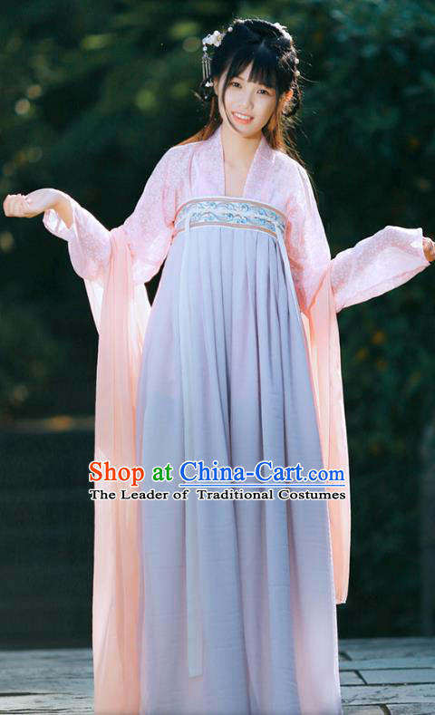 Traditional Chinese Ancient Palace Lady Costume, Asian China Tang Dynasty Royal Princess Embroidered Blue Slip Skirts for Women