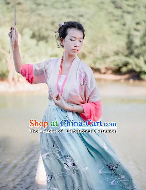 Traditional Chinese Ancient Palace Lady Costume, Asian China Tang Dynasty Princess Embroidered Half-Sleeves Clothing for Women