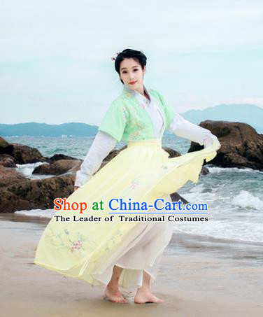 Traditional Chinese Ancient Palace Lady Costume, Asian China Tang Dynasty Princess Embroidered Half-Sleeves Slip Skirts Clothing for Women