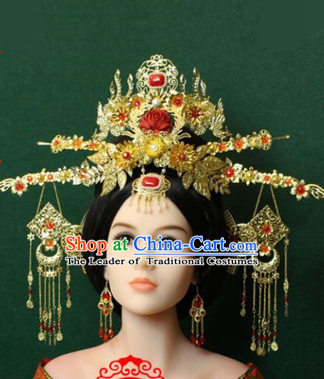Traditional Handmade Chinese Hair Accessories Tang Dynasty Empress Tassel Hairpins Phoenix Coronet, China Palace Step Shake Headwear for Women