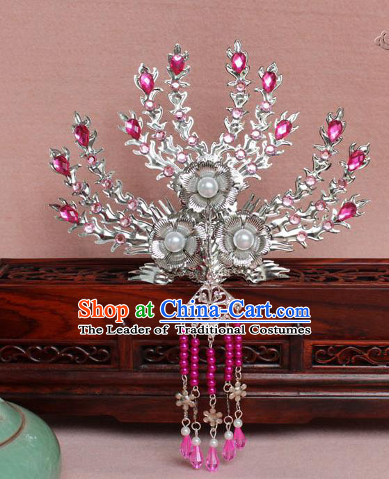 Traditional Handmade Chinese Hair Accessories Princess Rosy Crystal Phoenix Hairpins, Tang Dynasty Palace Lady Tassel Frontlet Step Shake for Women