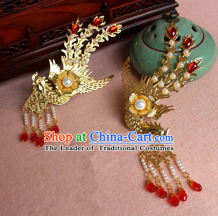 Traditional Handmade Chinese Hair Accessories Princess Golden Phoenix Hairpins, Ming Dynasty Palace Lady Red Tassel Step Shake Frontlet for Women