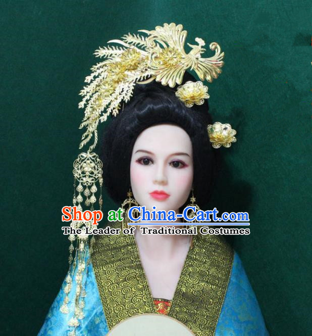 Traditional Handmade Chinese Hair Accessories Empress Golden Phoenix Coronet, China Han Dynasty Queen Tassel Hairpins for Women
