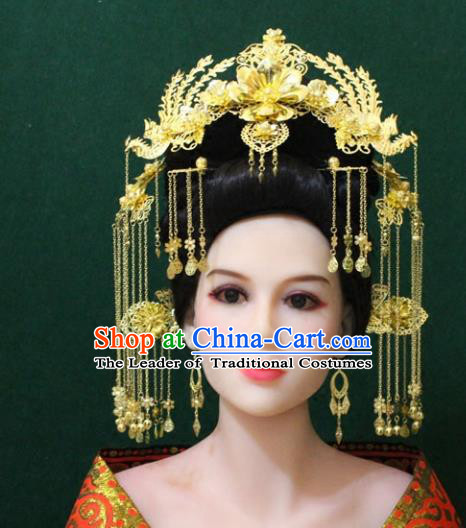 Traditional Handmade Chinese Hair Accessories Hanfu Phoenix Coronet, Royal Princess Tassel Hairpins Complete Set for Women