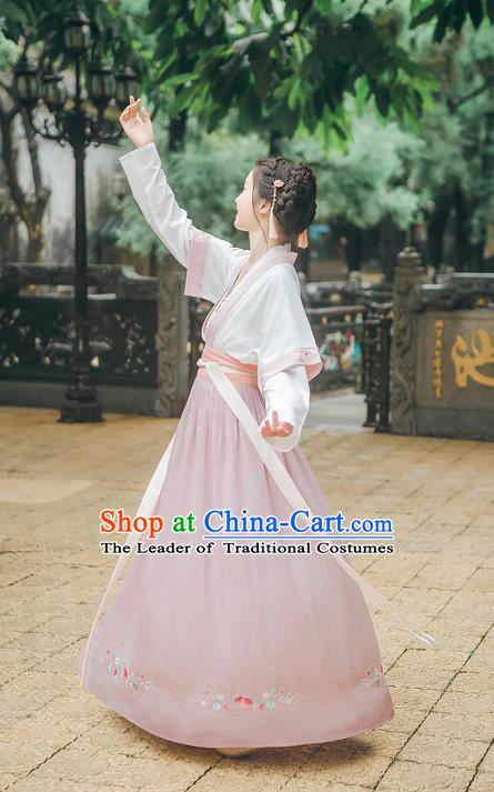 Asian Chinese Ancient Hanfu Palace Lady Costume, Traditional China Tang Dynasty Princess Embroidery Blouse and Skirts Complete Set