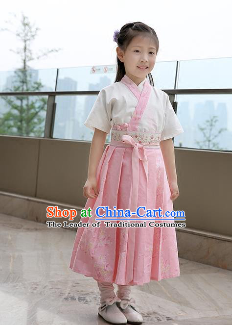 Asian China Tang Dynasty Hanfu Costume, Traditional Chinese Princess Pink Dress Clothing for Kids