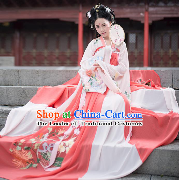 Asian China Ancient Tang Dynasty Hanfu Costume, Traditional Chinese Princess Embroidered Blouse and Skirts Clothing for Women