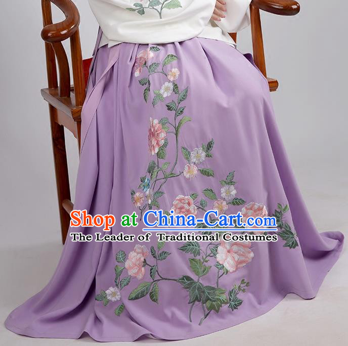 Asian Chinese Ming Dynasty Princess Costume Embroidery Peony Purple Skirts, Ancient China Palace Lady Embroidered Dress for Women