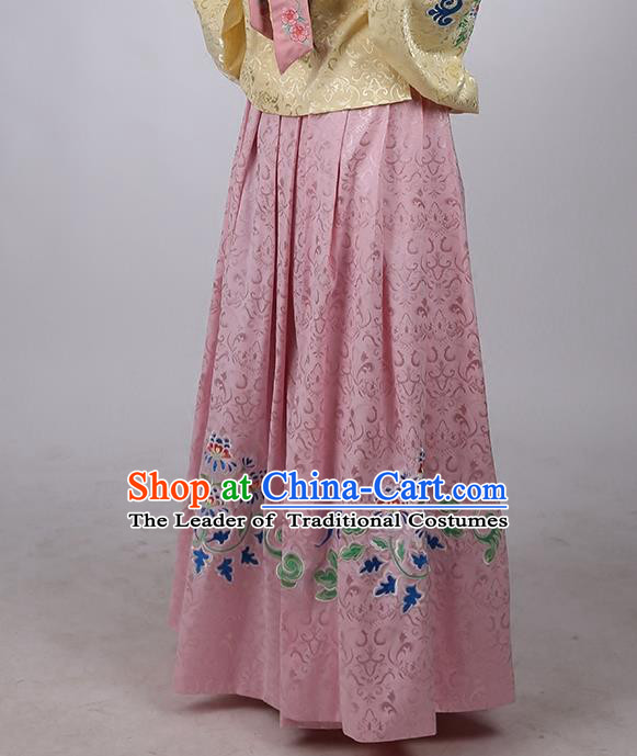 Asian Chinese Ming Dynasty Hanfu Costume Pink Satin Embroidery Skirt, Traditional China Ancient Embroidered Dress Clothing for Women