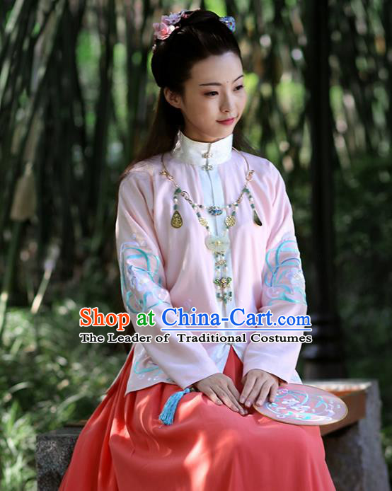 Asian Chinese Ming Dynasty Hanfu Costume Embroidered Pink Blouse, Traditional China Ancient Princess Upper Outer Garment Clothing for Women