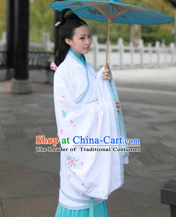 Asian Chinese Song Dynasty Young Lady Costume Hanfu Embroidered Blue Curve Bottom, Traditional China Ancient Princess Dress for Women