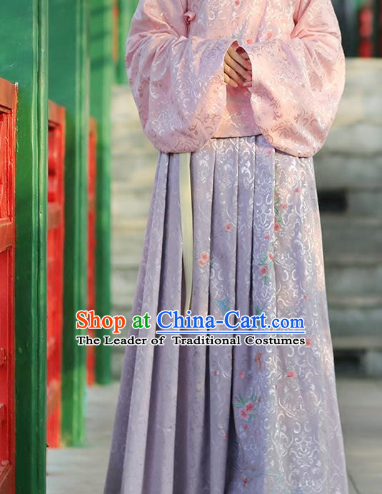 Asian Chinese Song Dynasty Young Lady Costume Hanfu Embroidered Peach Blossom Lilac Skirt, Traditional China Ancient Princess Dress for Women