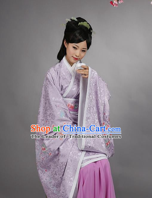 Asian Chinese Han Dynasty Imperial Princess Purple Curve Bottom Costume, Traditional China Ancient Palace Lady Embroidered Dress for Women