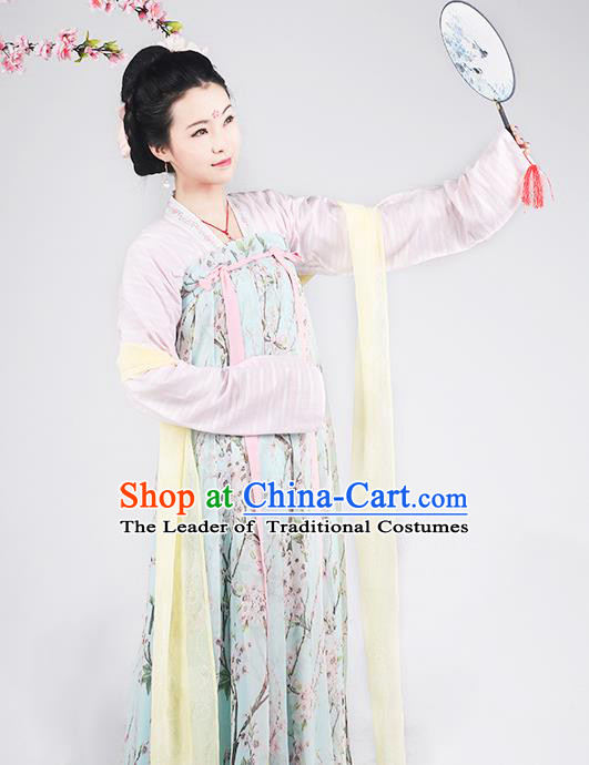 Asian Chinese Tang Dynasty Princess Costume Slip Skirt Complete Set, Ancient China Palace Lady Printing Clothing for Women