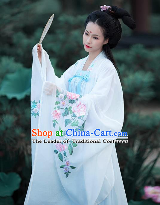 Asian Chinese Tang Dynasty Princess Embroidery Costume White Cloak, Ancient China Palace Lady Embroidered Wide Sleeve Cardigan for Women
