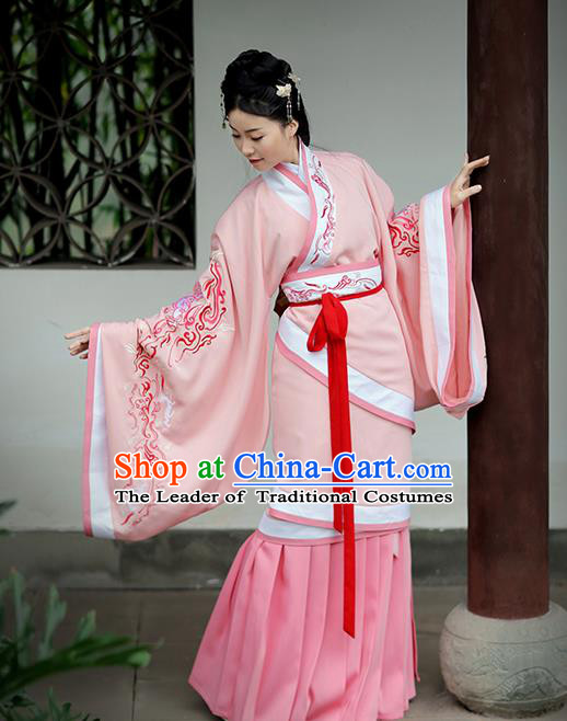 Asian Chinese Han Dynasty Palace Lady Costume Pink Embroidery Curve Bottom, Ancient China Princess Embroidered Hanfu Dress Clothing for Women