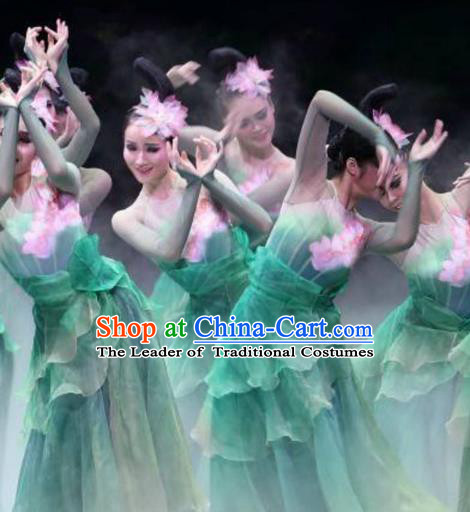 Traditional Chinese Classical Lotus Dance Costume, China Folk Dance Fairy Dance Green Clothing for Women
