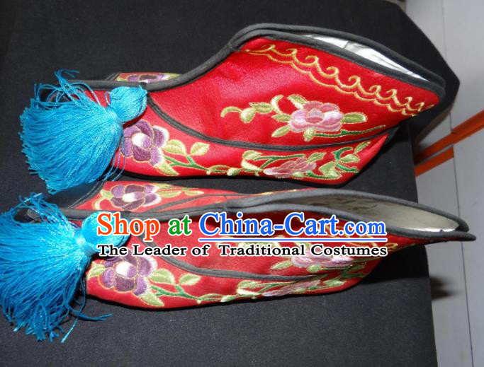 Traditional Chinese Peking Opera Swordplay Embroidered Shoes Quick Boots, China Ancient Beijing Opera Blues Red Blood Stained Shoes for Women