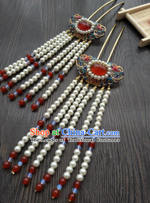 Traditional Handmade Chinese Hair Accessories Blueing Lotus Hairpins, China Palace Lady Hanfu Tassel Step Shake for Women