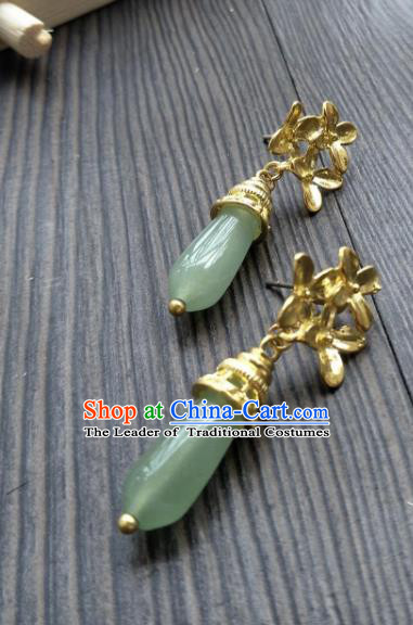 Traditional Handmade Chinese Hanfu Accessories Copper Earrings, China Palace Lady Tassel Green Agate Eardrop for Women