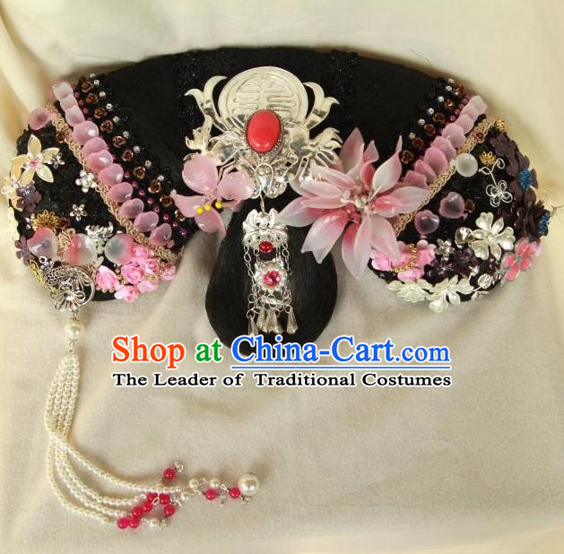 Traditional Handmade Chinese Hair Accessories Qing Dynasty Empress Banners Tassel Headwear, Manchu Imperial Concubine Hairpins for Women