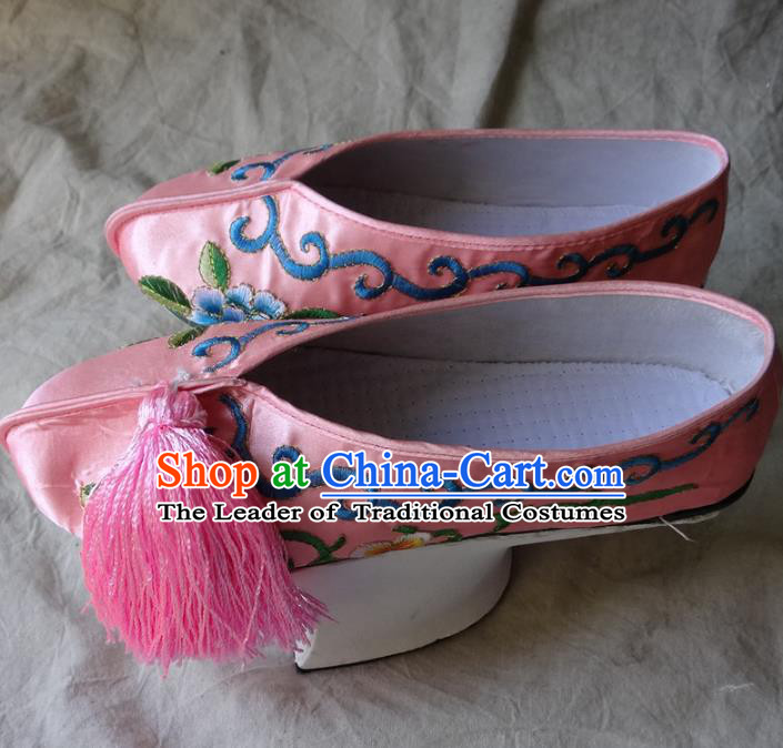Traditional Chinese Qing Dynasty Princess Embroidered Shoes Saucers Pink Satin Shoes, China Ancient Manchu Palace Lady Blood Stained Shoes for Women