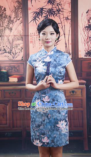 Traditional Ancient Chinese Republic of China Young Lady Blue Silk Short Cheongsam, Asian Chinese Chirpaur Qipao Dress Clothing for Women