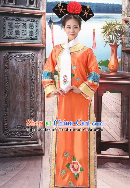 Traditional Ancient Chinese Manchu Palace Lady Costume, Asian Chinese Qing Dynasty Princess Orange Embroidered Dress Clothing for Women