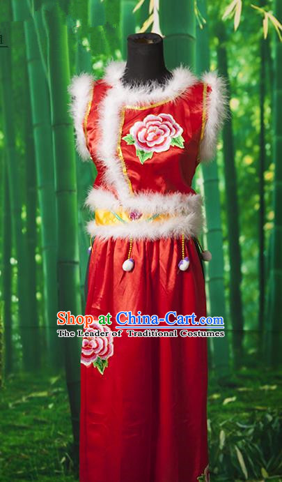 Traditional Chinese Classical Dance Yangge Fan Dancing Costume, Folk Dance Drum Dance Yangko Red Clothing for Women