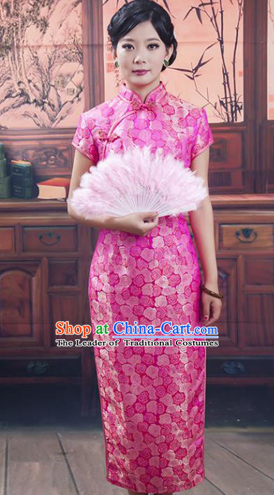 Traditional Ancient Chinese Republic of China Pink Silk Cheongsam, Asian Chinese Chirpaur Printing Qipao Dress Clothing for Women