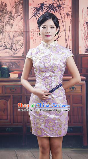 Traditional Ancient Chinese Republic of China Lilac Silk Short Cheongsam, Asian Chinese Chirpaur Printing Qipao Dress Clothing for Women