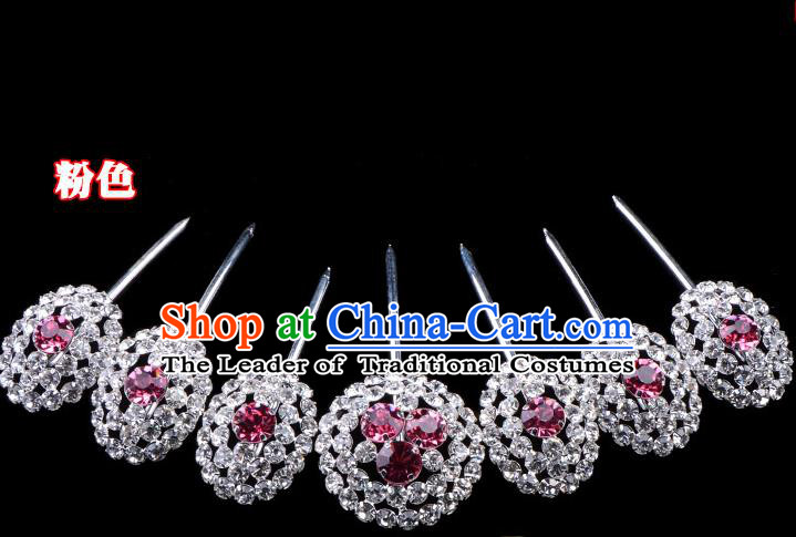 Traditional Beijing Opera Diva Hair Accessories Pink Crystal Head Ornaments Hairpins Complete Set, Ancient Chinese Peking Opera Hua Tan Hair Stick Headwear