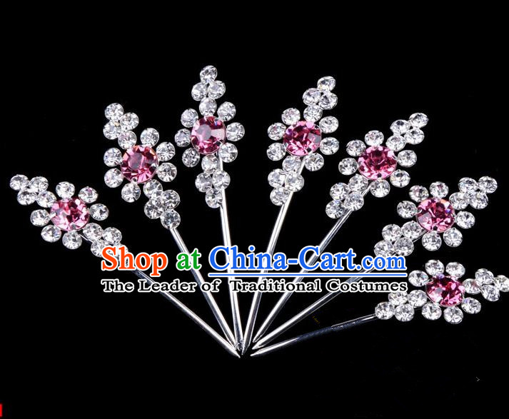 Traditional Beijing Opera Diva Hair Accessories Pink Crystal Head Ornaments Complete Set, Ancient Chinese Peking Opera Hua Tan Hairpins Hair Stick Headwear