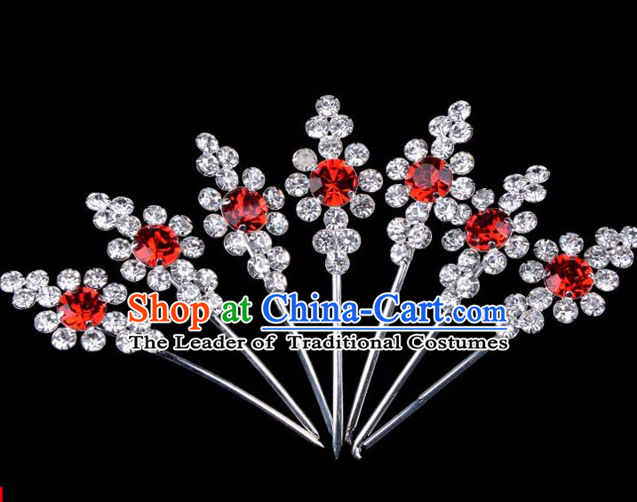 Traditional Beijing Opera Diva Hair Accessories Red Crystal Head Ornaments Complete Set, Ancient Chinese Peking Opera Hua Tan Hairpins Hair Stick Headwear