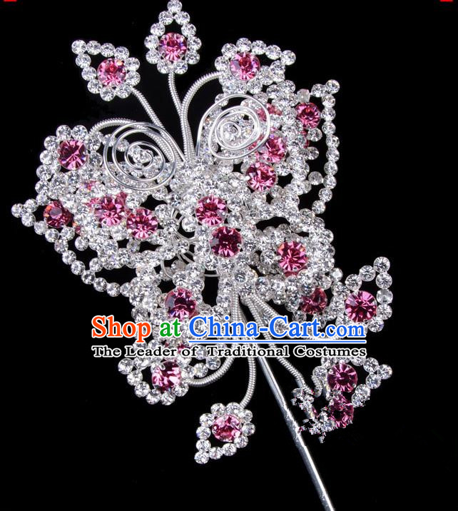 Traditional Beijing Opera Diva Hair Accessories Pink Crystal Butterfly Head Ornaments, Ancient Chinese Peking Opera Hua Tan Large Hairpins Hair Stick Headwear