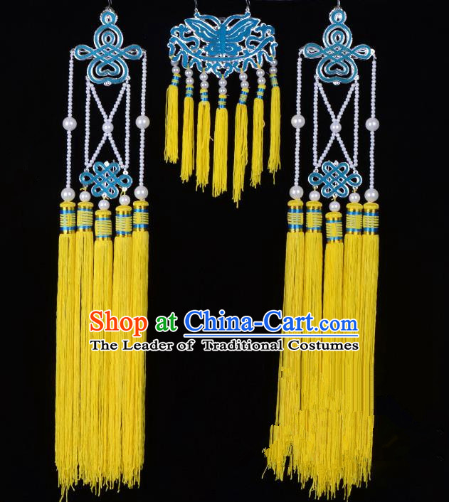 Traditional Beijing Opera Diva Hair Accessories Empress Head Ornaments Temples Curtain Hairpins, Ancient Chinese Peking Opera Hua Tan Yellow Tassel Headwear