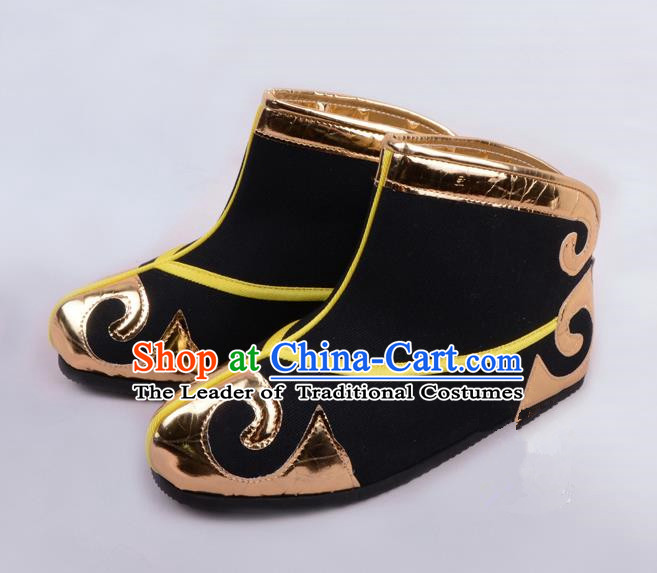 Traditional Beijing Opera Takefu Shoes Young Men Quick Boots, Ancient Chinese Peking Opera Wu-Sheng Black Shoes