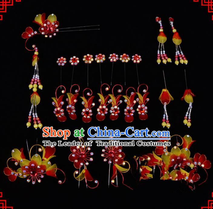 Traditional Beijing Opera Diva Hair Accessories Head Ornaments Complete Set Red Hairpins, Ancient Chinese Peking Opera Hua Tan Hair Stick Headwear