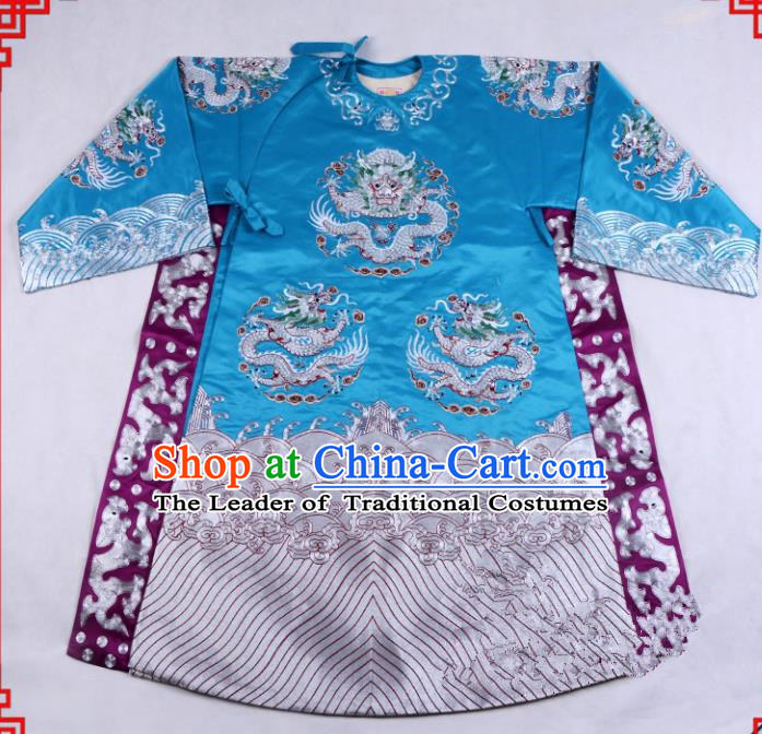 Top Grade Professional Beijing Opera Emperor Costume General Blue Embroidered Robe, Traditional Ancient Chinese Peking Opera Royal Highness Embroidery Dragons Clothing