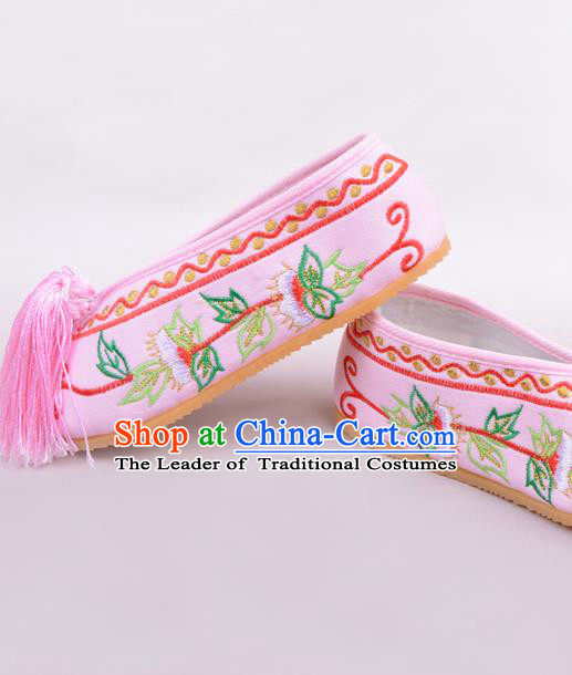 Traditional Beijing Opera Hua Tan Pink Embroidered Shoes Young Lady Princess Shoes, Ancient Chinese Peking Opera Diva Blood Stained Shoes