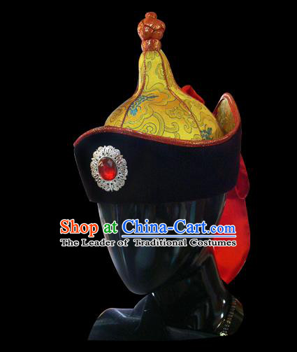 Traditional Chinese Mongol Nationality Hair Accessories Mongols Princess Yellow Hat, Chinese Mongolian Minority Nationality Headwear for Women